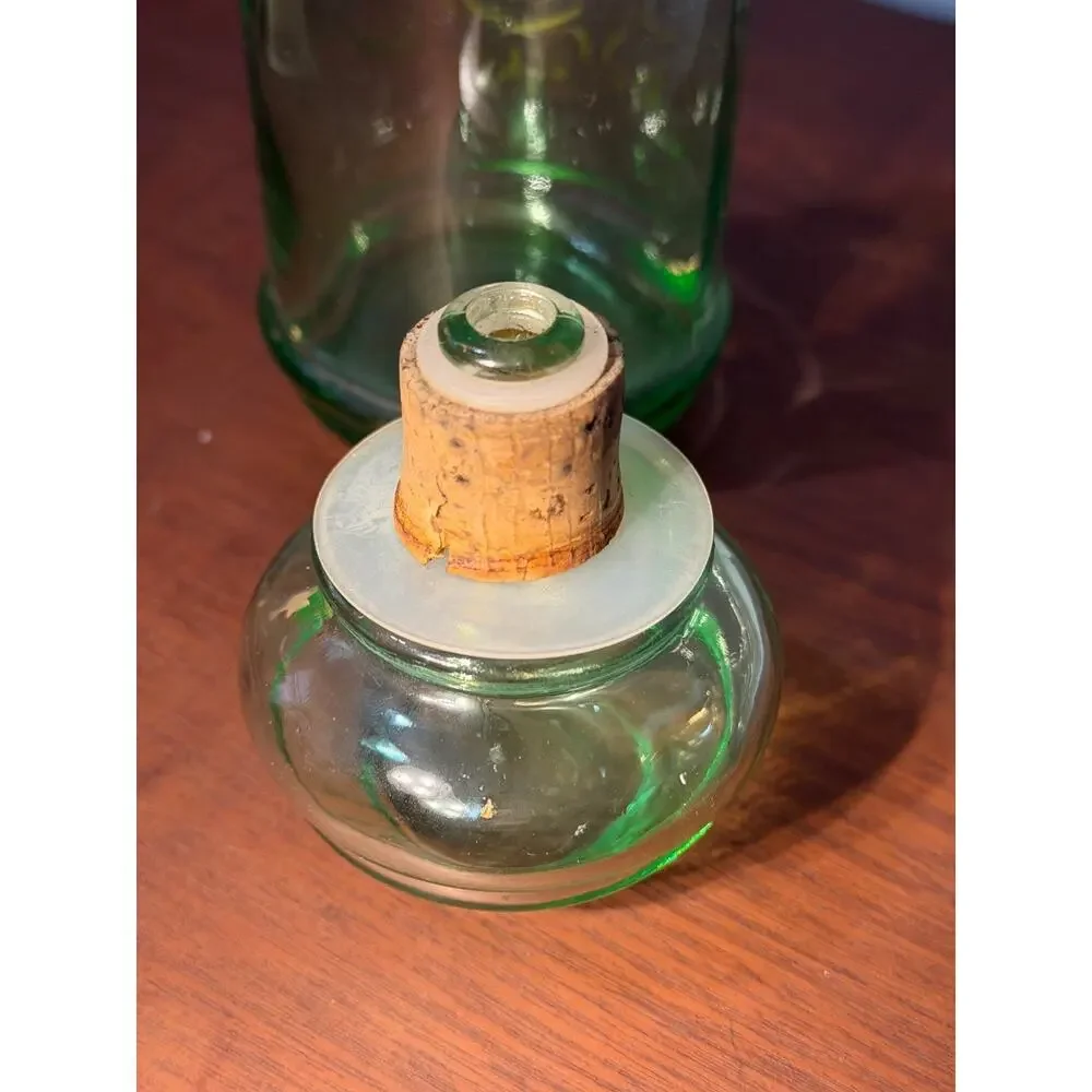 Vintage Mid Century Old Fitzgerald Bourbon Green Glass Decanter Bottle Crest